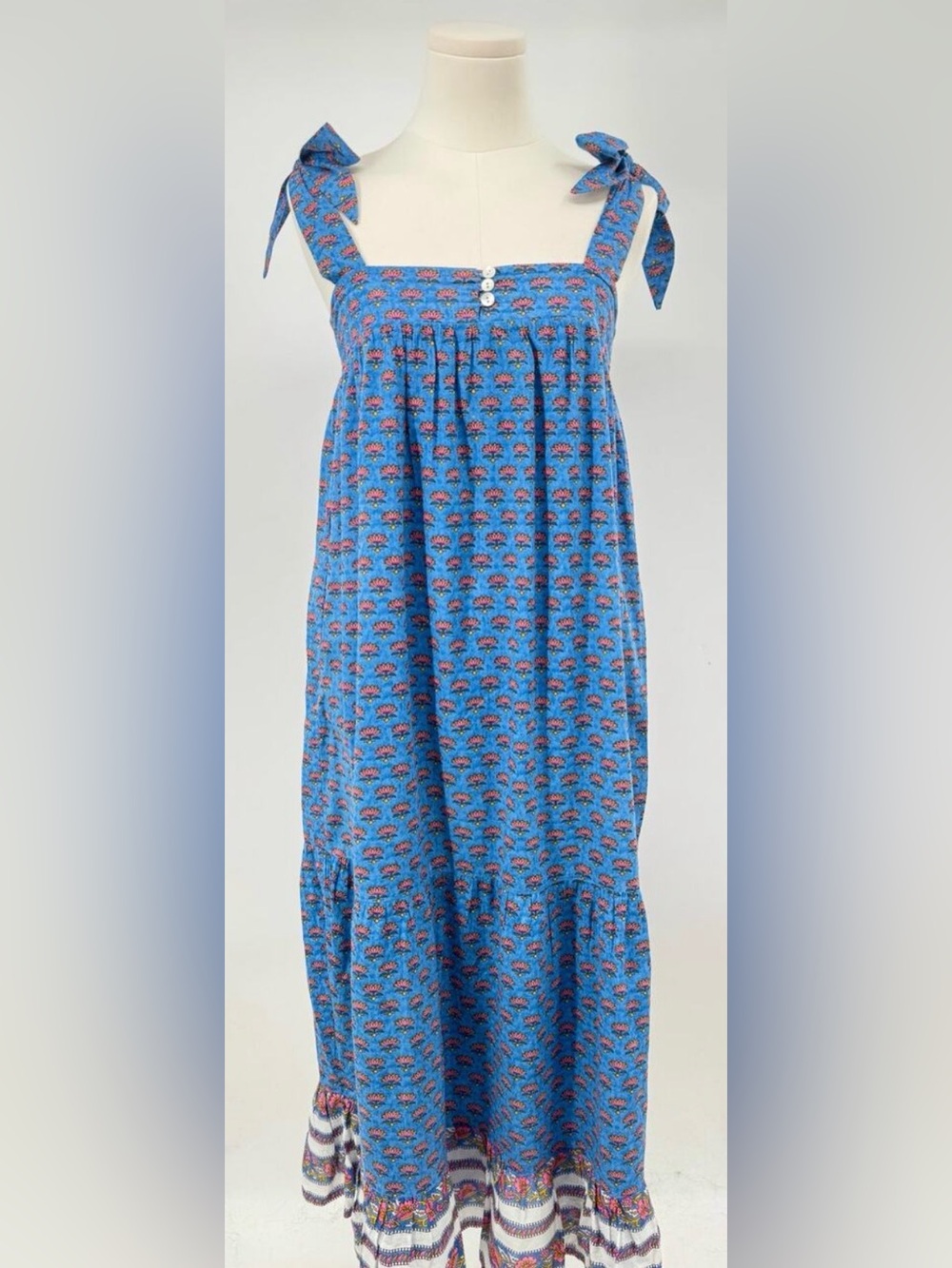 Cleobella India Blue Midi Dress Tie Shoulder Sleeveless Boho Lotus Print S